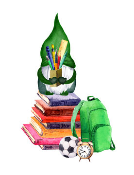 School gnome with pen and pen in hands on pile of books. Funny watercolor education illustration for college, student design with bag, football ball, learning equipment and fairy tale dwarf