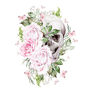 Beautiful watercolor skull with flowers of peony and roses.