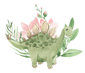 Green dinosaur illustration in tropical leaves