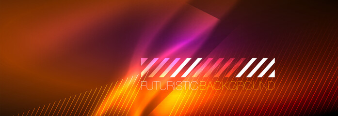 Neon glowing lines, magic energy and light motion background. Vector wallpaper template