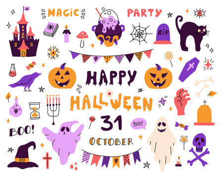 Large set with characters and icons for Halloween. Vector flat illustrations on a white background. Decor for posters, flyers, postcards