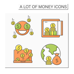 Money color icons set. Global economy. Investment, Jackpot. Wealth concept. Isolated vector illustrations