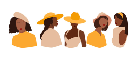 Set of portraits of faceless women in different hat. Collection of abstract girls. Trendy minimal vector illustration isolated on white background - obrazy, fototapety, plakaty