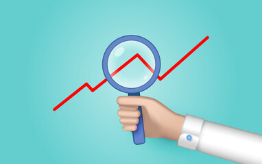 Hand holding a magnifying glass. Business development research. Definition, search of directions of business development. Digital Solutions Business Analytics and Planning. 3D vector web illustration.