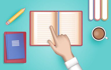 Reading a book. Acquisition of knowledge. Advanced training, development course. Education at school, university, institute. Pupil, student follows of book with his finger. 3D vector web illustration.