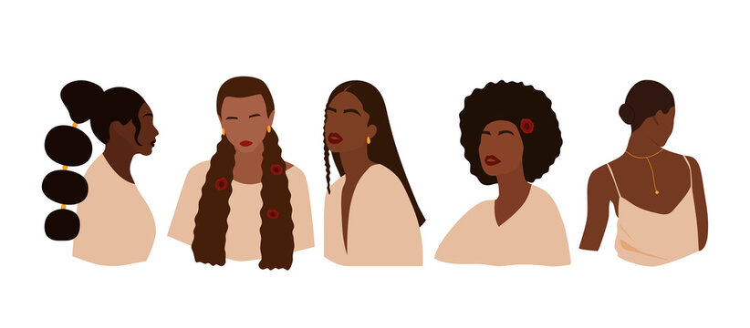 Set of portraits of faceless women. Collection of abstract black girls with different hairstyles. Trendy minimal vector illustration isolated on white background