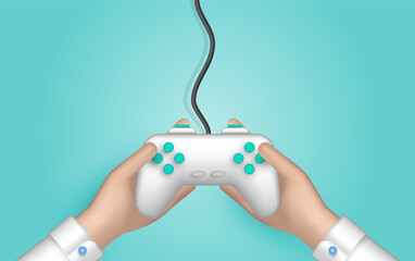 Game joystick. Hands holding gaming device. Top image of a game console in hand. Digital virtual web games concept. 3D illustration.