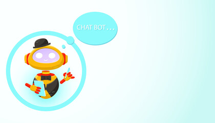 A cute chuck bot robot that appears in the interface window to answer user questions. Vector illustration in cartoon style, isolated flat, banner, logo