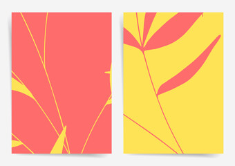 Tropical bamboo leaves poster design templates set. Minimal yellow and pink abstracts floral design.  