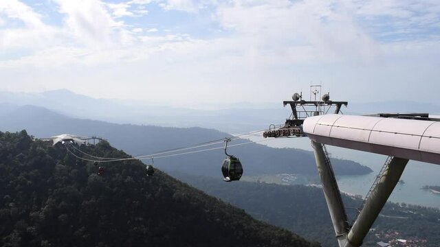 Cable Car approaching station on Langkawi Island with jungle in the background