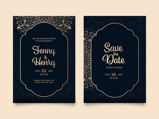 Elegant Wedding Invitation Template Layout In Black And Golden Color.