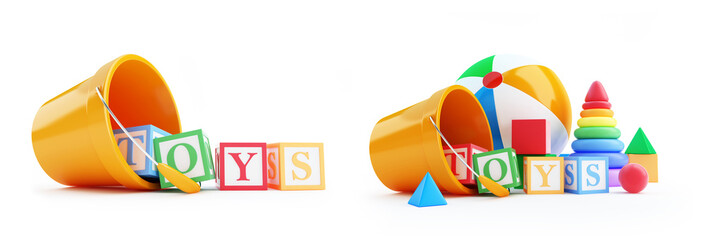toys alphabet cube, beach ball, pyramid on a white background