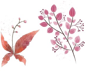 Red leaves pink Autumn green leaves texture set for Watercolor background
