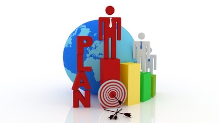 3d illustration business success man with plan aechery and globe

