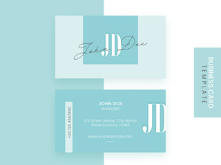 Front And Back View Of Business Card Template In Blue Color.