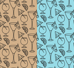 Cocktail glasses seamless pattern. Outline gray contour of martini, wine glass, cherry fruit, lemon slice. Blue, craft brown easy editable colors background. Vector