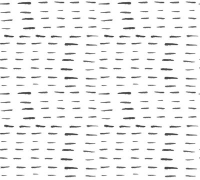 Abstract minimalist seamless pattern with hand drawn grunge black ink textured horizontal short thin dashed lines. Vector minimal monochrome black and white background with noise string