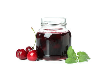 Tasty cherry jam isolated on white background