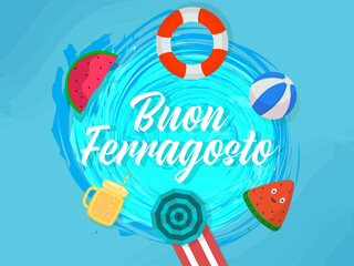 Buon Ferragosto Font With Top View Of Beach Summer Elements On Blue Brush Stroke Background.
