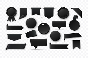 Blank black banners and labels. Vector tags and ribbons.