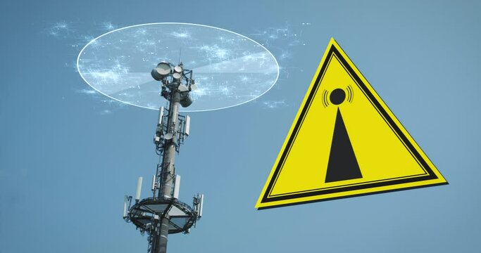 EMF Warning Sign 5G 6G Communication Tower,  Health risks. Exposed to harmful FM radiation from cell towers