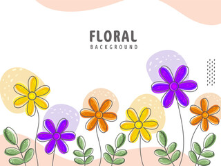 Colorful Flowers With Leaves Decorated Background.