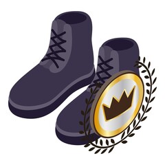Short boots icon isometric vector. Dark blue men suede short boots with lacing. Royal quality sign, crown icon