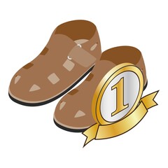 Men sandals icon isometric vector. Brown leather men sandals with metal buckle. First place sign, number one