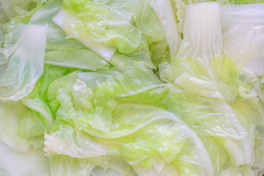 Blanching vegetables or cabbages soaked in cold water, fill the image frame with vegetables in water.