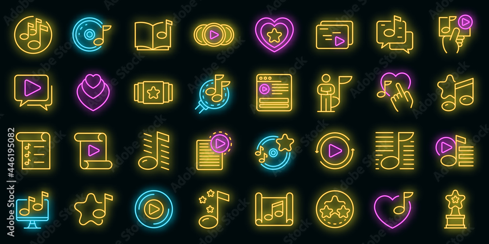 Wall mural playlist icons set. outline set of playlist vector icons neon color on black