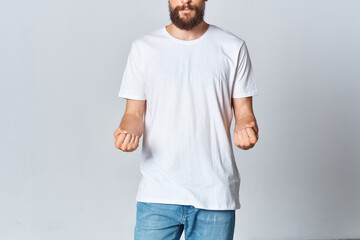 man in white t-shirt and jeans mockup advertisement light background