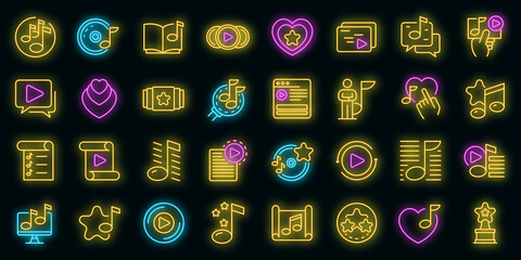 Playlist icons set. Outline set of playlist vector icons neon color on black