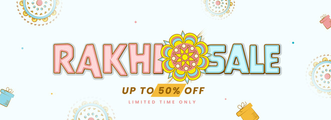 Rakhi Sale Header Or Banner Design With 50% Discount Offer On White Background.