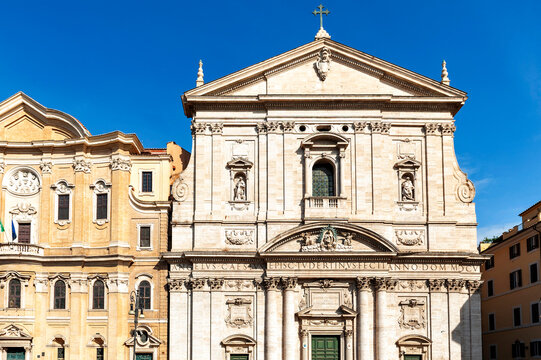 Front facade of Santa Maria in Vallicella, also called Chiesa Nuova, a Baroque architecture style church in Rome, Italy
