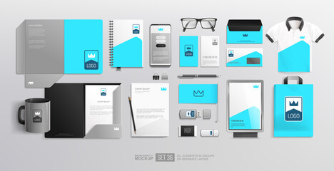 Business Brand identity concept on stationery items mock-up set with linear crown logo. Corporate Brand Identity Stationery Mockup set minimalism grey colour design on grey background