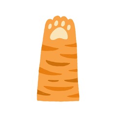 Cute tabby ginger cat paw with soft pads. Funny raised up kitten foot in doodle style. Adorable animal leg giving high five. Colored flat vector illustration of kitty hand isolated on white background