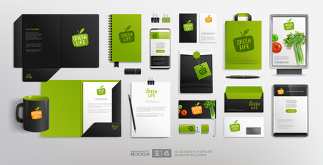 Realistic Brand identity Mockup set with Vegetal Logo for restaurant and natural food shop. Green and black color design stationery mock-up template with vector vegetables  and eco friendly packaging