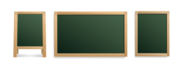 Empty green school chalkboard set of  blank mockup set isolated on white background. Wooden vertical Frame Chalk board blank mockup for street menu sings and outdoor display
