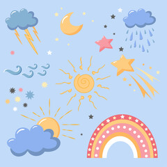 Fototapeta na wymiar set of stars, moon, sun, rainbow and clouds isolated on grey background. baby cute colors. vector Illustration.