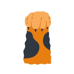 Cute cat paw with claws grabbing smth. Adorable kitty hunter foot in doodle style. Feline animal leg hunting. Colored flat vector illustration of kitten hand isolated on white background