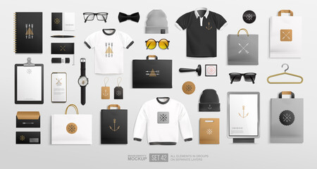 Vector Branding Identity Fashion Clothing items with shopping bags and Stationery Mockup set. Vector Mockup set of Brand Identity Clothing Fashion, Men's shop objects, eco bag, package