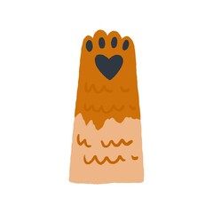 Cute feline paw with soft heart-shaped pad. Ginger cat's hand raised up, gesturing hi. Adorable delicate furry foot of kitty. Colored flat doodle vector illustration isolated on white background