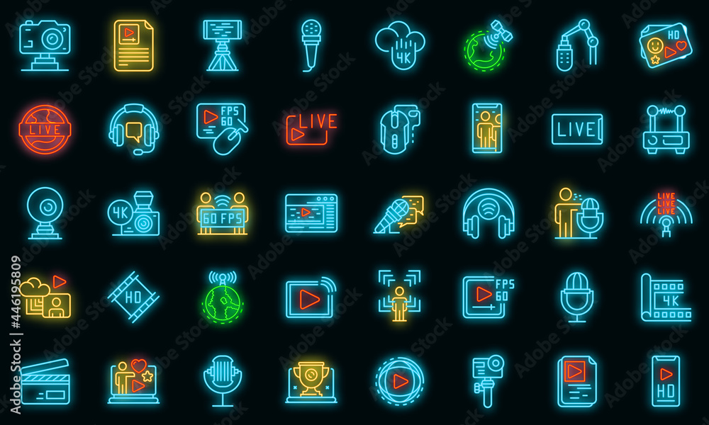Poster stream icons set. outline set of stream vector icons neon color on black