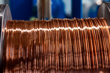 Closeup copper cable coil background texture, industry factory