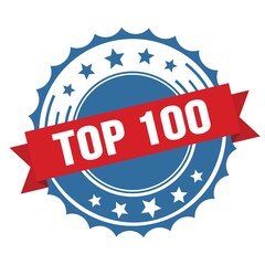 TOP 100 text on red blue ribbon stamp.