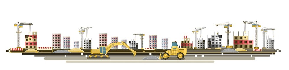 Construction of new microdistrict of city. Cranes and Tractors. Modern technologies and equipment. Horizontal. Isolated on white background illustration vector
