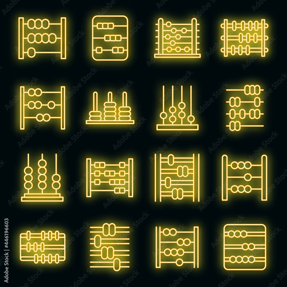 Poster abacus icons set. outline set of abacus vector icons neon color on black