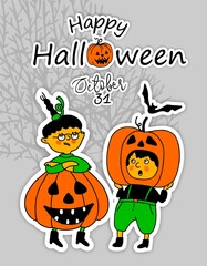 Happy Halloween. A greeting card. Cute Cartoon characters. Funny little children in colorful costumes. Flat Illustration