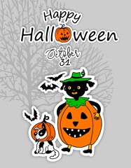 Happy Halloween. A greeting card. Cute Cartoon characters. Funny little children in colorful costumes. Flat Illustration
