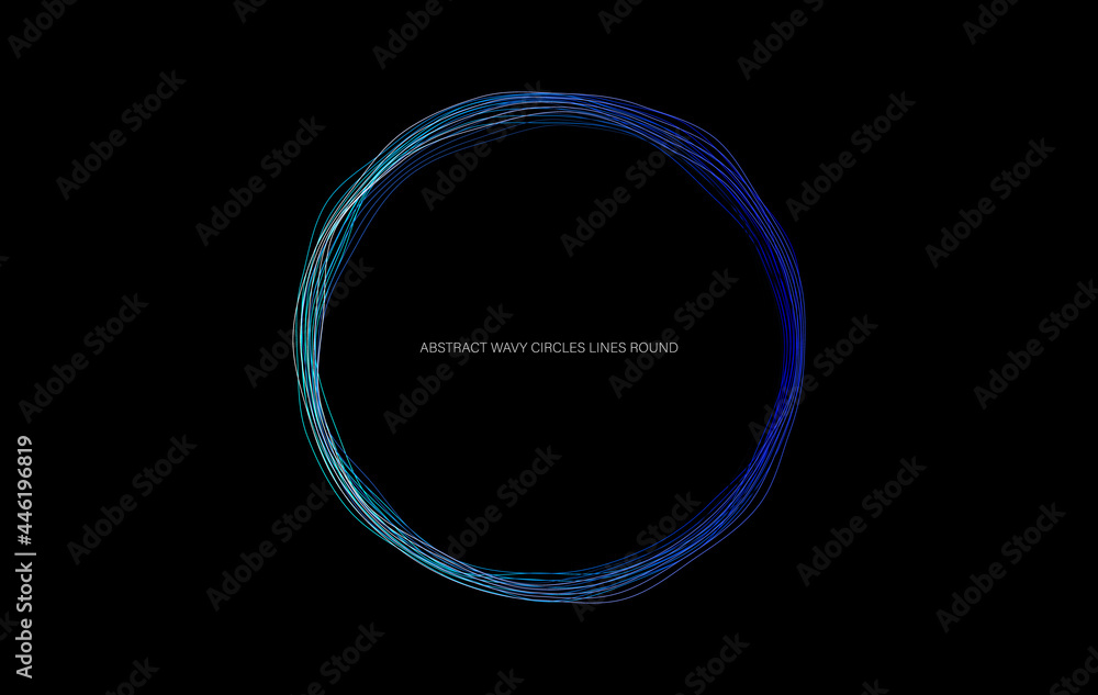 Poster abstract wavy circles lines round frame blue color isolated on black background. technology modern c